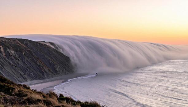 Thin coastal marine layer lit by first light desaturated tones with clean vacant sky field representing calm seascape suitable for travel weather and minimalist backgrounds photo