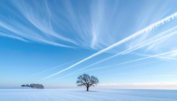 Contrail network thinning in a pale sky minimal landscape line and spacious copy area representing sky patterns suitable for weather aviation and clean design photo