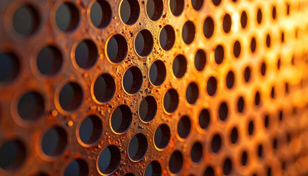 Corten steel perforations with soft back glow warm rust and left margin copy space representing industrial facade suitable for architecture branding and design photo