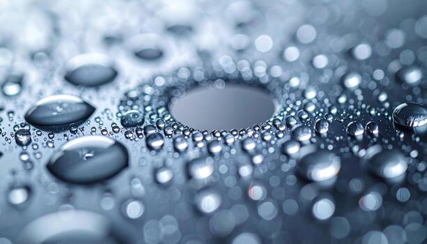 Dew map on anodized metal forming tight bead clusters cool neutrals and open center representing surface physics suitable for technology product and abstract design photo