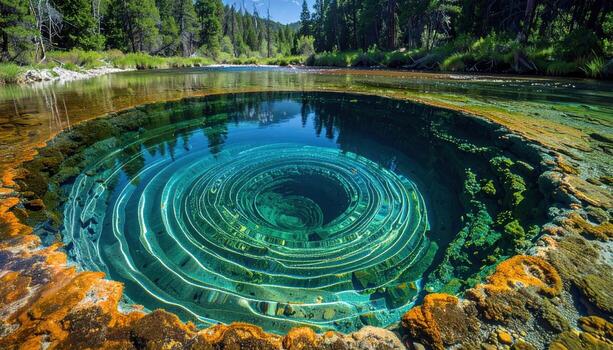 Freshwater spring boil patterns on a clear riverbed concentric ripples with upper copy space representing natural water motion suitable for travel education and design photo