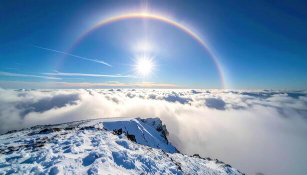 Glory halo seen above cloud tops from a ridge soft gradients ample left copy space representing atmospheric optics suitable for education travel and minimalist backgrounds photo