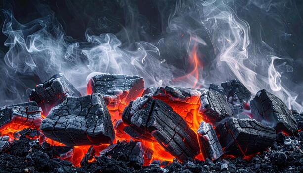 Glowing charcoal embers under fine ash controlled highlights with upper copy field representing heat texture suitable for culinary editorial and moody design photo