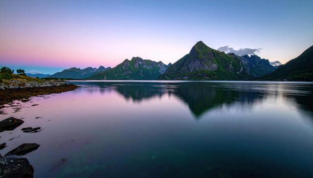Fjord surface during wind lull with mercury like sheen subtle gradient upper copy space representing calm water texture suitable for travel editorial and modern design photo