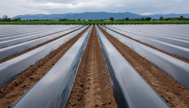 Plastic mulched crop rows repeating arcs earth tones top copy field representing agriculture geometry suitable for farming mapping editorial and design photo