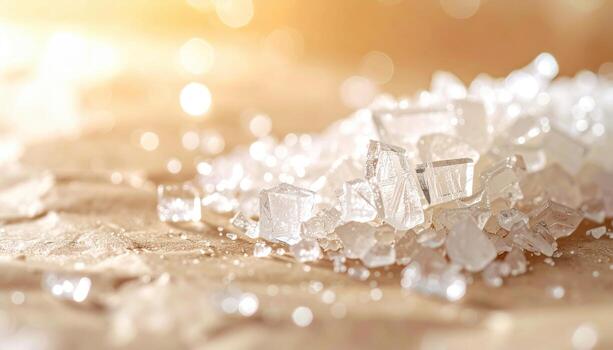 Sugar glass shards on parchment soft sparkle and open central copy space representing dessert candy texture suitable for culinary branding and packaging photo