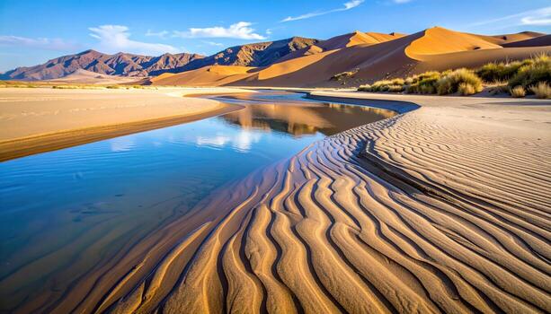 trenzado río canales a suelo nivel con suave arena barras neutral blues y bronceado abierto central Copiar espacio representando fluvial textura adecuado para viaje editorial y diseño foto
