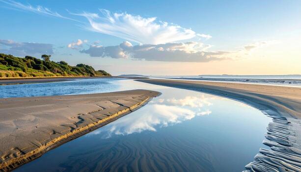 Calm estuary at slack tide with faint slick patterns serene tones and left margin copy space representing quiet water suitable for travel editorial and minimalist backgrounds photo