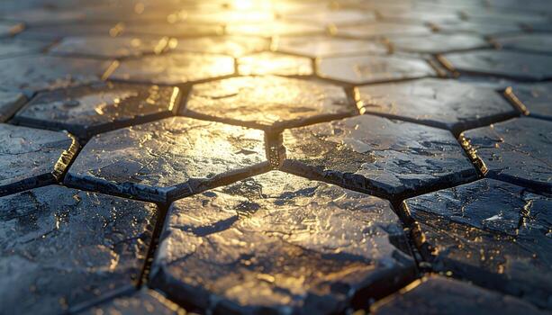 Paving stone hex pattern evenly worn desaturated palette central copy space representing urban surface suitable for architecture branding mapping and design photo