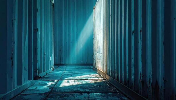Ship container corrugations in desaturated teal clean lines central copy space representing industrial metal surface suitable for logistics branding architecture and modern design photo