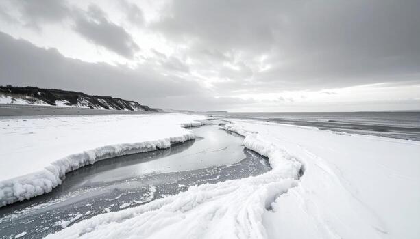 Slush patterns along a shoreline granular winter texture right side copy representing cold coastal detail suitable for travel weather editorial and clean design photo