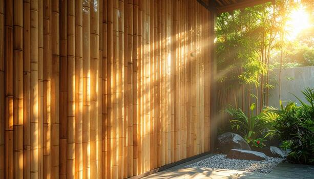 Bamboo rain screen facade in soft backlight warm texture and right side copy area representing natural architecture suitable for sustainability decor and editorial design photo