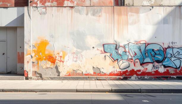 Subtle graffiti ghost on repainted wall urban patina open central copy representing street texture suitable for urban branding editorial and background design photo