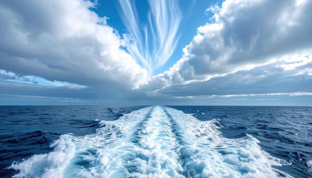 Ship track lines etched in marine stratocumulus airy scene large central copy space representing atmospheric marine optics suitable for science weather travel and clean design photo