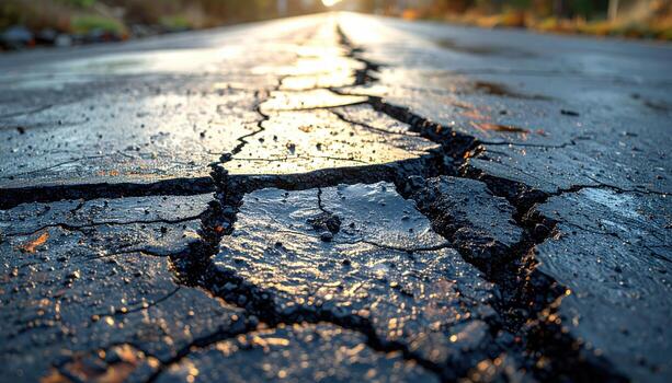 Tar crack sealing patterns on aged asphalt subtle gloss lines upper copy area representing road surface detail suitable for city branding mapping and industrial design photo