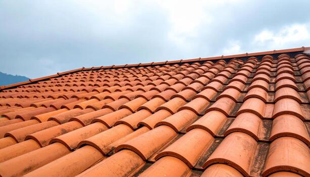 Terracotta roof pantiles under overcast sky repeating soft curves rhythmic background representing clay roof texture suitable for architecture heritage decor and design photo
