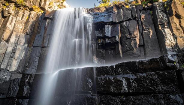 Thin waterfall mist drifting across a dark rock wall delicate vapor veil right side copy representing moody nature texture suitable for travel editorial and banner design photo