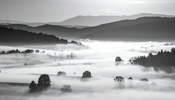 Thin ground fog pooling in a valley at predawn monochrome cool open center representing quiet landscape suitable for travel editorial weather and minimalist design photo