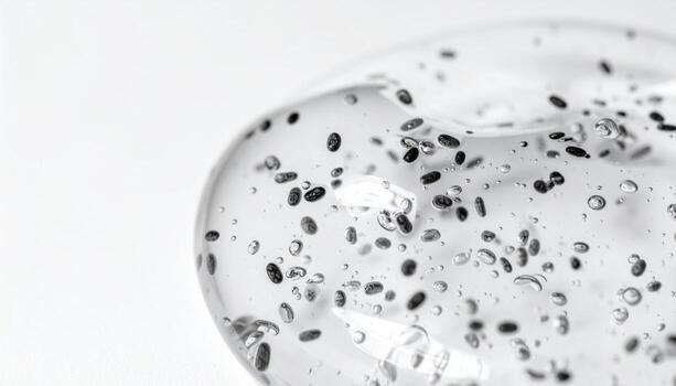 Chia gel matrix shimmering on white neutral tones center copy space representing superfood texture suitable for wellness menu and nutrition visuals photo