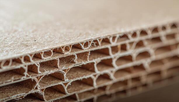 Corrugated cardboard cross section exposing flutes warm kraft tone central copy representing packaging structure suitable for shipping ecommerce and design photo