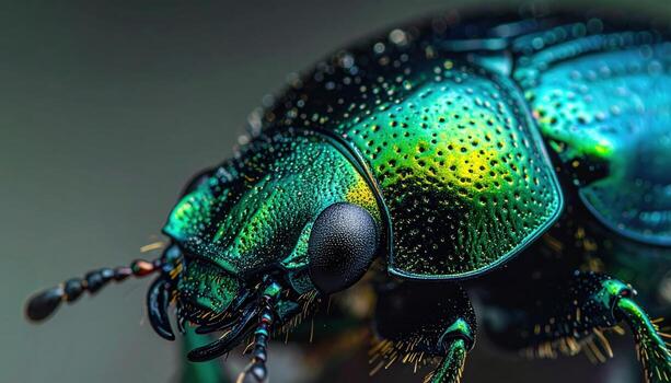 Beetle elytra macro subtle sheen emerald to black gradient right side copy space representing entomology texture suitable for nature science and design photo