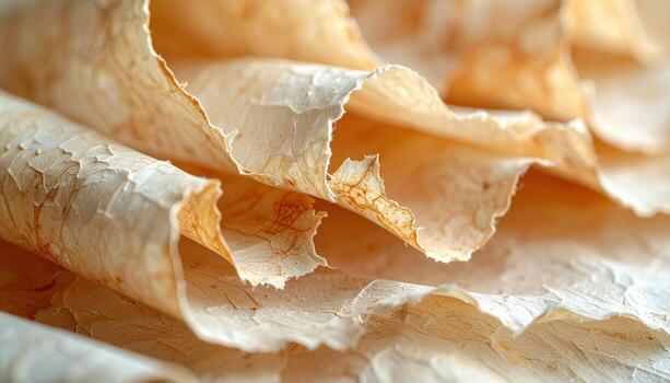 Paperbark curls peeling in layers creamy neutrals right side copy representing natural bark texture suitable for decor wellness and design photo
