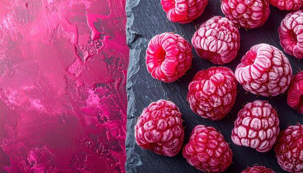 Freeze dried raspberry pieces on matte slate rich magenta right copy space representing vibrant food texture suitable for culinary branding packaging and menus photo