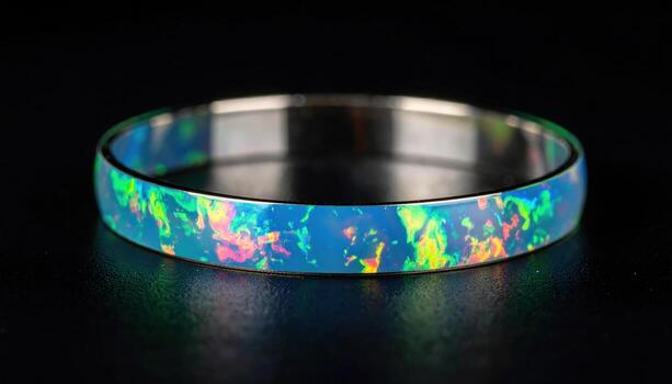 Opal play of color faint ribbon on black wide negative space representing gemstone iridescence suitable for luxury jewelry science and design photo