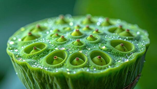 Lotus seed head perforations with subtle dew matte greens wide central copy representing botanical calm suitable for wellness nature and design photo
