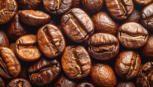 Roasted coffee bean wall minimal sheen with top copy area representing coffee texture suitable for cafe branding menu and packaging photo