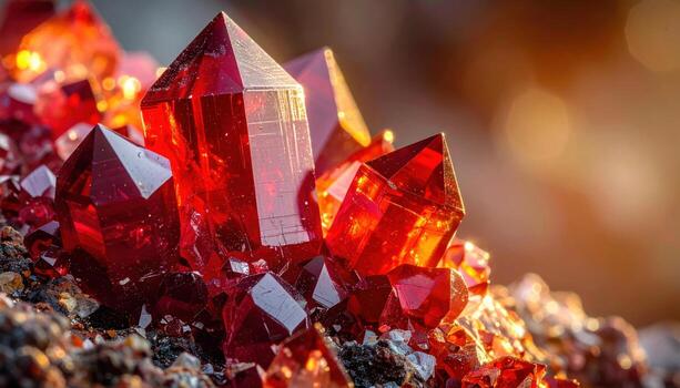 Garnet crystals embedded in schist earthy reds right margin copy space representing metamorphic mineral texture suitable for geology education and design photo