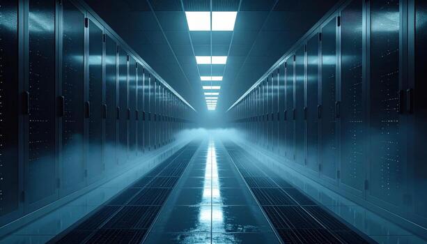 Data corridor cold aisle with alternating light pools and microfog representing high tech infrastructure and controlled airflow suitable for technology features data center education photo