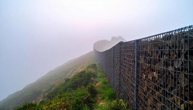 Fog shrouded gabion wall ribboning along hillside with wire glint representing landscape engineering texture suitable for infrastructure awareness civil education and design photo