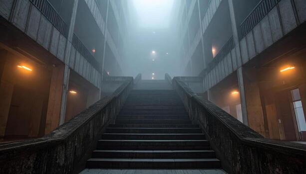 Fog seam on brutalist library stairwell with faint emergency glow representing minimal architecture mood suitable for editorial features education visuals and atmospheric design photo