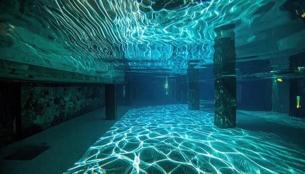 Flooded undercroft with rippling caustics and cool cyan ambience representing historic substructure space and luminous water light suitable for architecture features fantasy settings photo