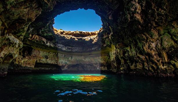 Limestone sea cave skylight painting circle on water interior gradients representing coastal karst architecture and reflective calm suitable for travel features education visuals and seascape design photo