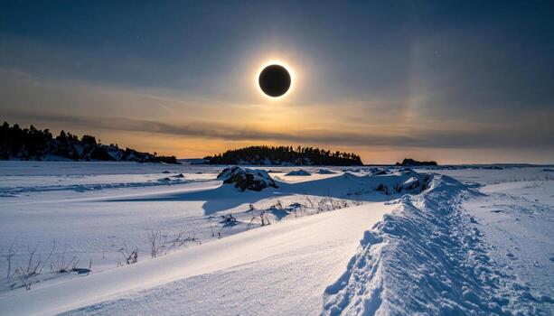 Lunar eclipse penumbra over frozen plain with rimlit snow crust representing celestial winter minimalism and quiet space suitable for astronomy education editorial features and serene design photo