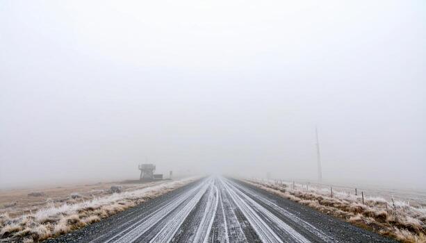 Remote radar track in rime fog with ghosted vehicle marks representing austere winter infrastructure and polar atmosphere suitable for technology features travel stories and cinematic design photo