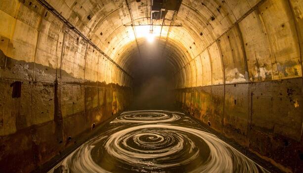 Ship lock chamber draining with spiral vortices and wet concrete walls breathing mist representing canal infrastructure and industrial mood suitable for engineering features transport stories photo