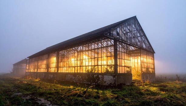 Abandoned greenhouse foundation floodlit outside shadow lattice in drifting fog representing industrial ruin mood and patterned light suitable for editorial features documentary stories photo