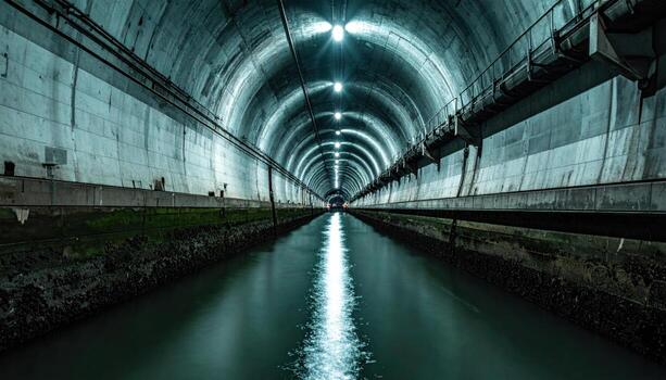 Canal underpass rippling water light patterns cyan cast deep shadows representing urban waterscape mood and industrial geometry suitable for infrastructure stories travel features and cinematic design photo