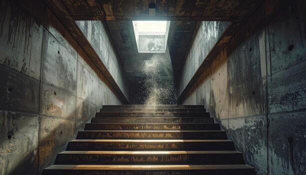 Brutalist stairwell single skylight cone of light matte concrete representing austere modern architecture and graphic minimalism suitable for editorial features museum education and interior design photo