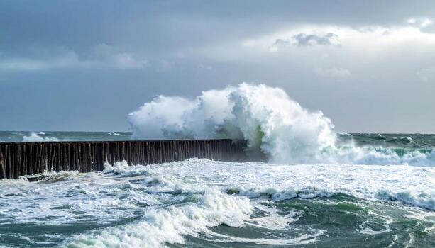Estuary bar breached by storm surge water jetting into lagoon under low sky representing coastal process dynamics and hazard awareness suitable for science communication climate reporting photo