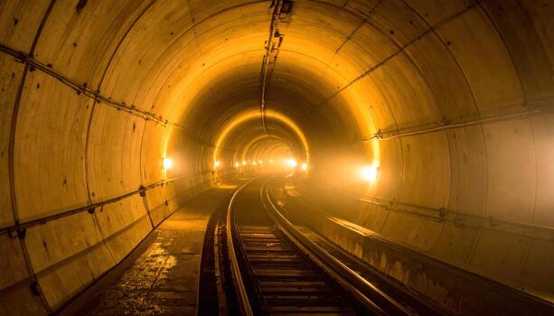 Empty funicular tunnel with amber uplights mist shaping curvature into darkness representing urban transport heritage and graphic perspective suitable for travel features architecture studies photo