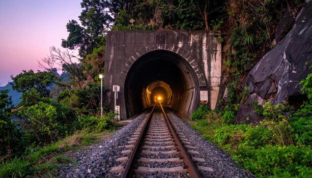 Distant train tunnel mouth with faint warm haze at cool twilight representing quiet transport architecture and cinematic anticipation suitable for editorial features travel stories photo