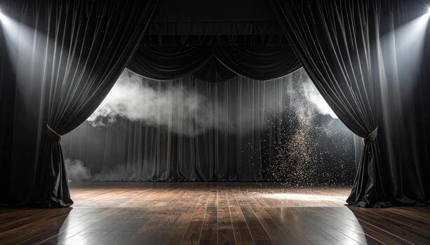 Empty theater stage with falling dust in side light velvet curtains near black representing classic performance space mood and quiet anticipation suitable for editorial features arts education photo