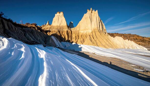 Ice penitentes to sastrugi crest with razor shadows in cobalt light representing sculpted alpine snowforms and austere highland mood suitable for science features mountaineering education photo