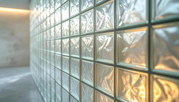 Glass block wall glowing softly with subtle refraction patterns representing contemporary interior texture and gentle light play suitable for architecture features branding backdrops and modern design photo
