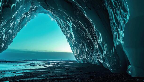 Ice cave mouth glowing soft cyan interior gradients into darkness representing polar cavern ambience and crystalline texture suitable for science education travel features and atmospheric design photo