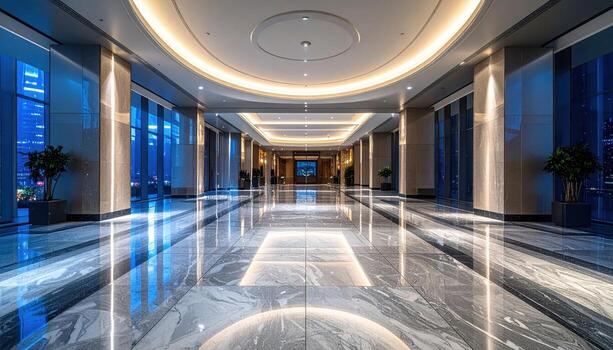 Office tower lobby at night marble reflection bands sparse illumination representing modern corporate architecture and quiet elegance suitable for business features editorial spreads photo
